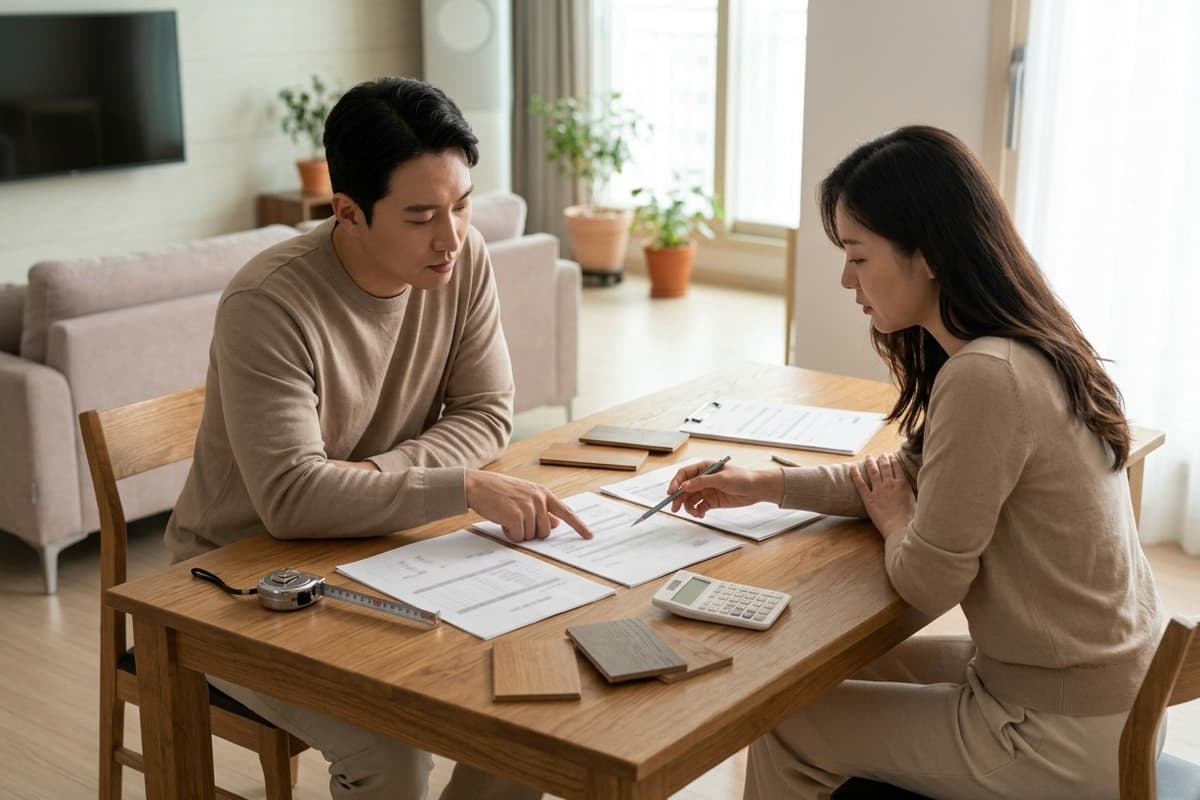 식탁에 세 곳의 인테리어견적 서류를 펼쳐 놓고 비교하는 부부